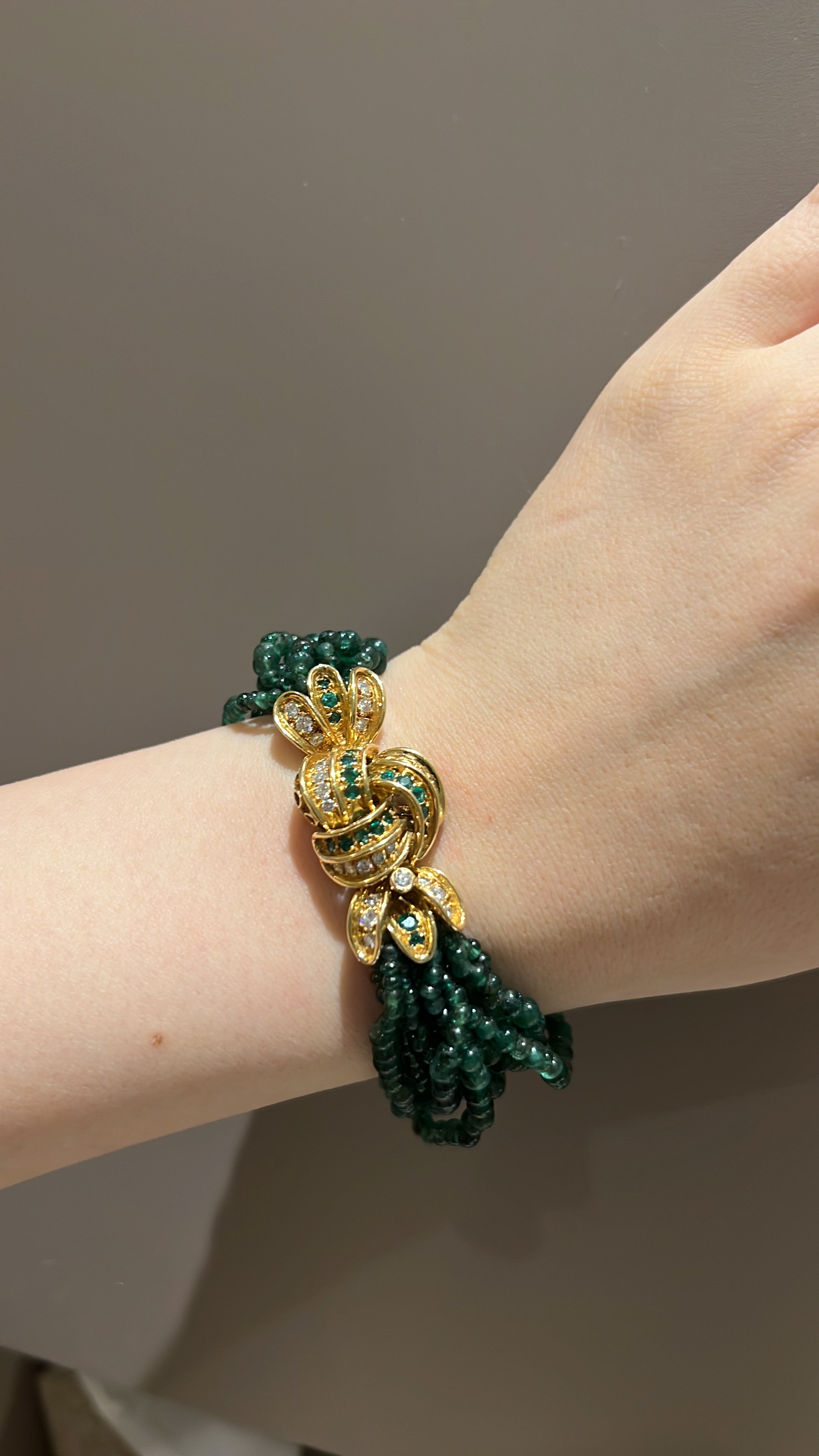René Boivin 18k yellow gold emerald beads and diamond bracelet
