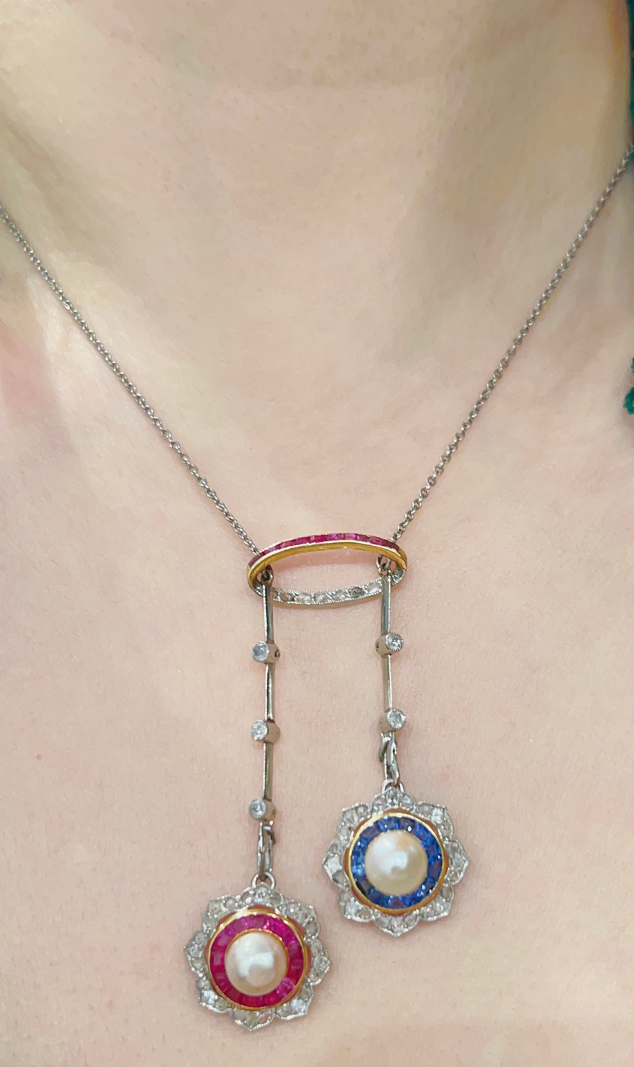 Platinum pearls ruby, sapphire and diamond pendant necklace