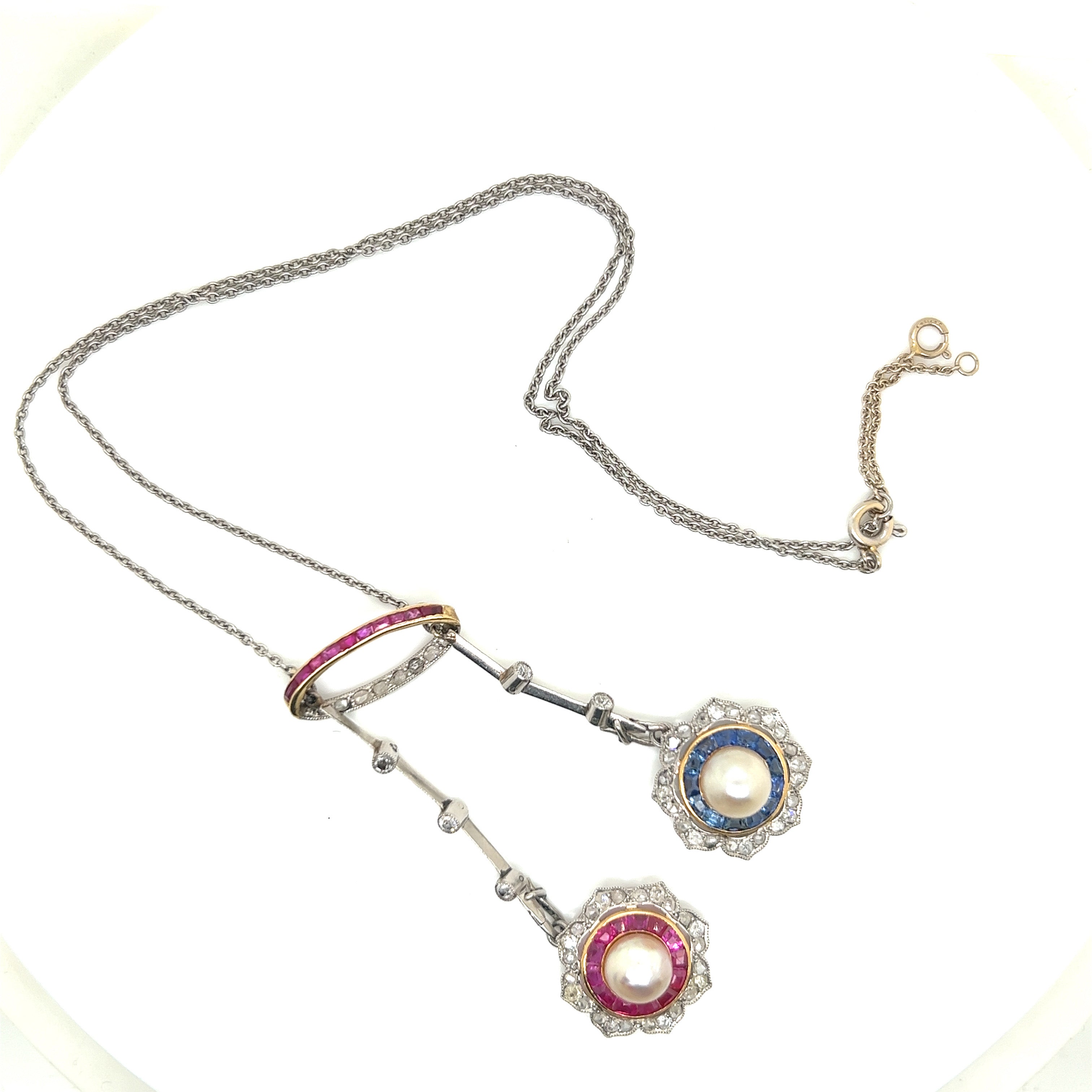 Platinum pearls ruby, sapphire and diamond pendant necklace