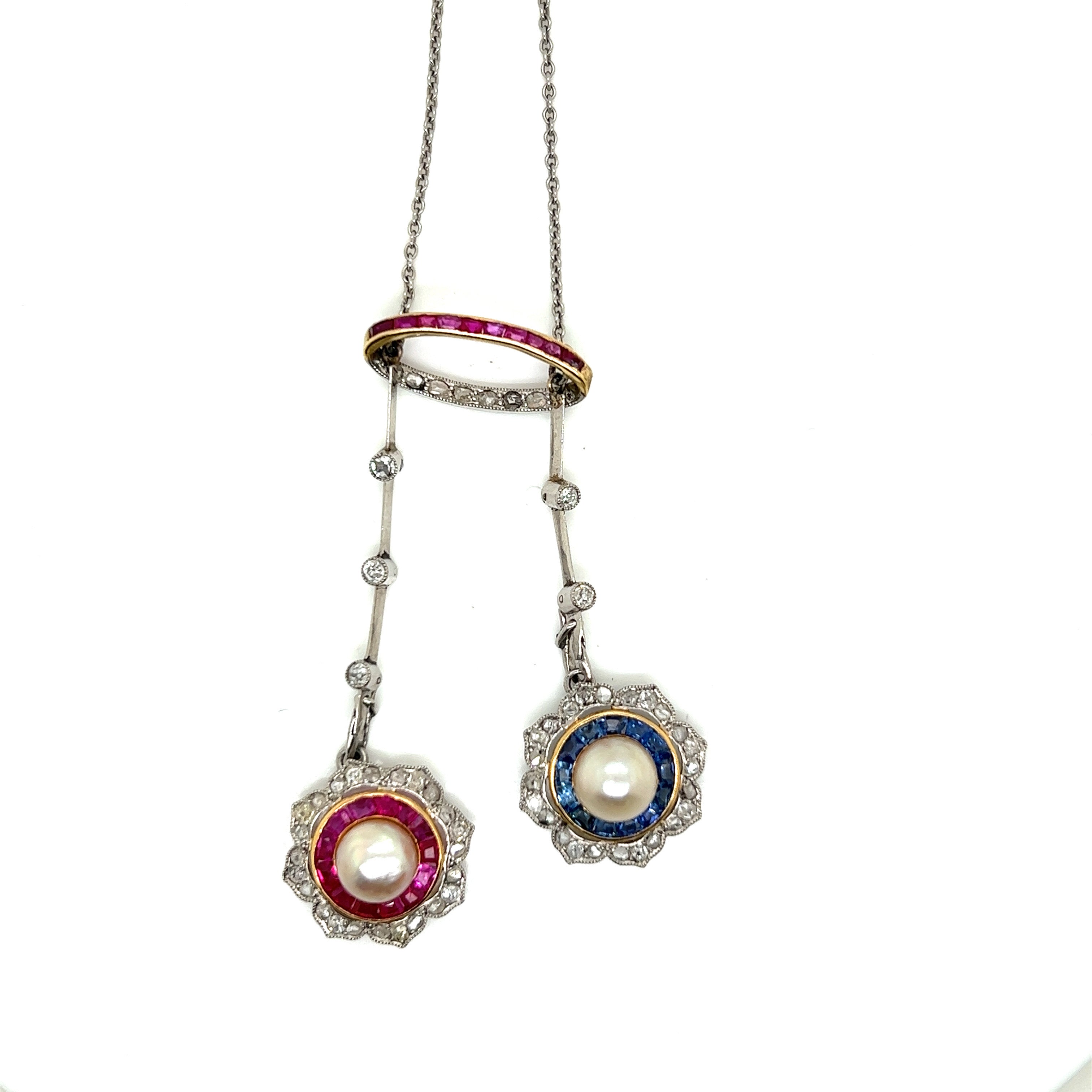 Platinum pearls ruby, sapphire and diamond pendant necklace
