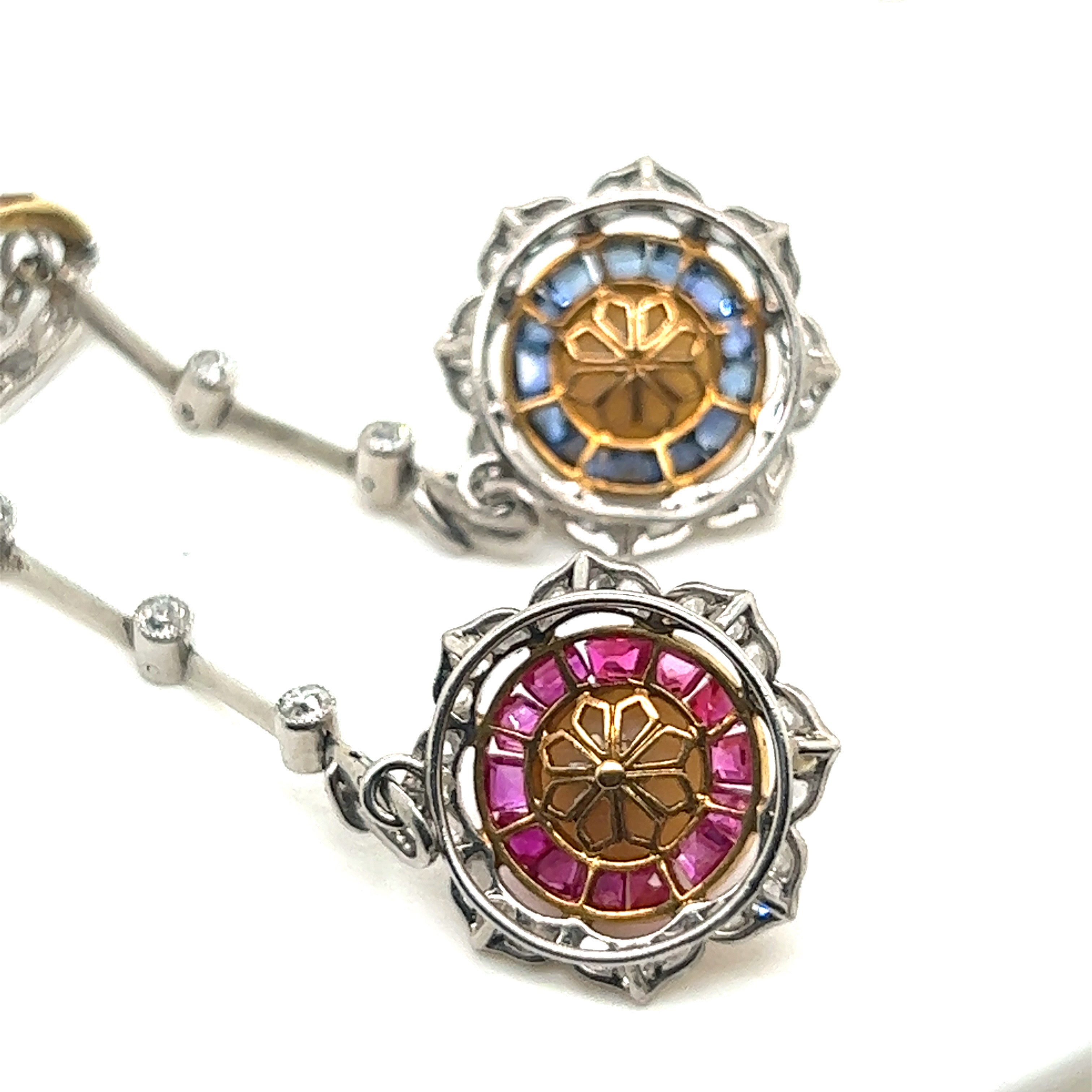 Platinum pearls ruby, sapphire and diamond pendant necklace