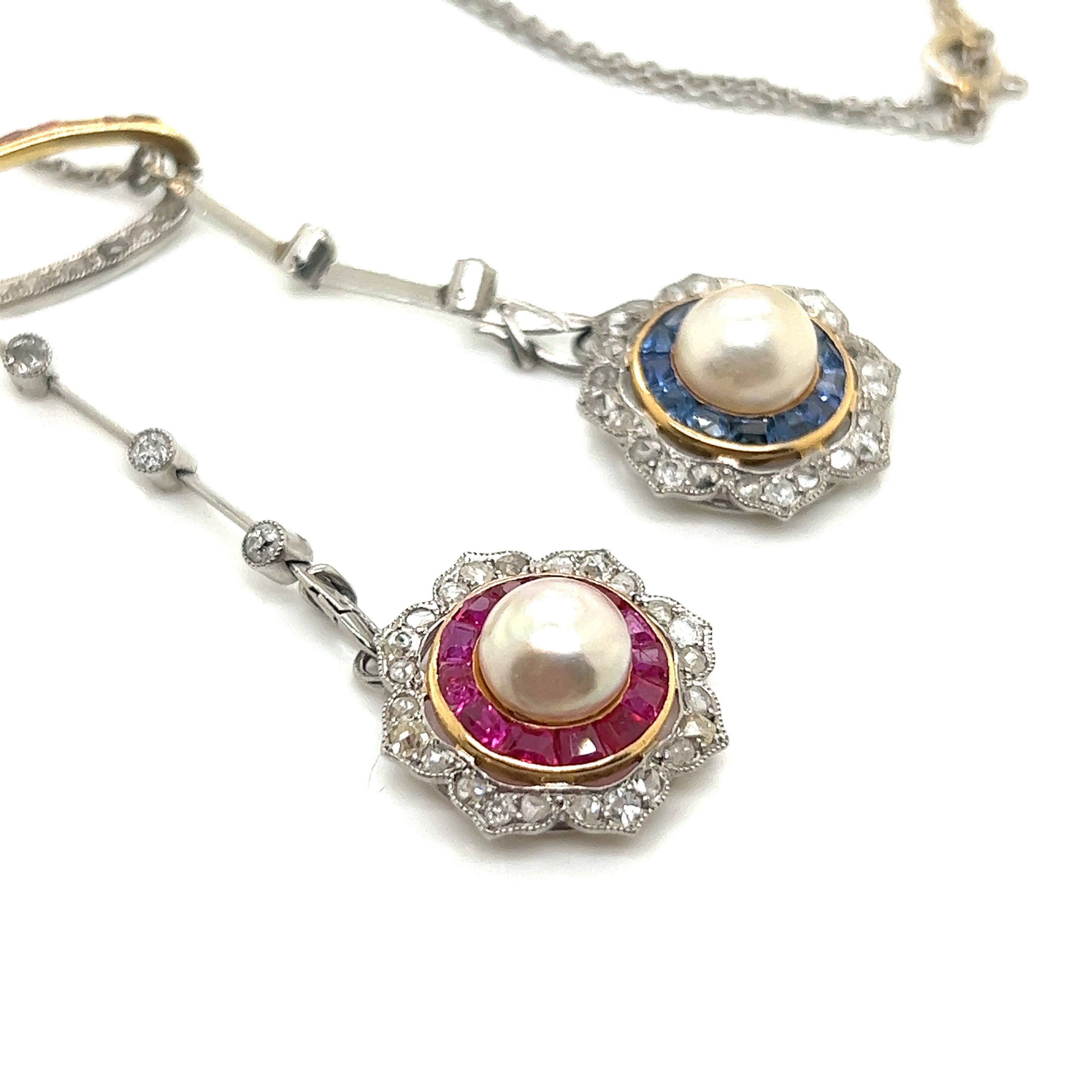 Platinum pearls ruby, sapphire and diamond pendant necklace