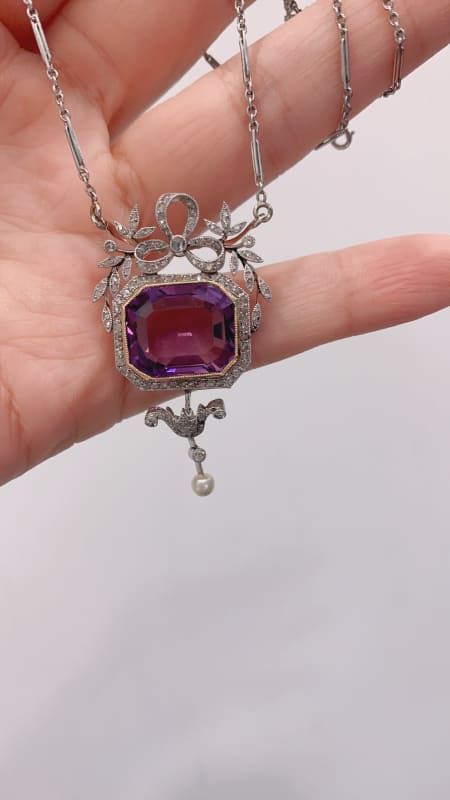 Edwardian platinum diamond and amethyst pendant necklace - 