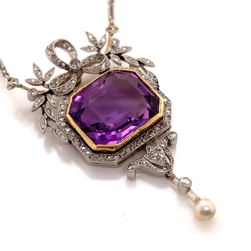 Edwardian platinum diamond and amethyst pendant necklace - 