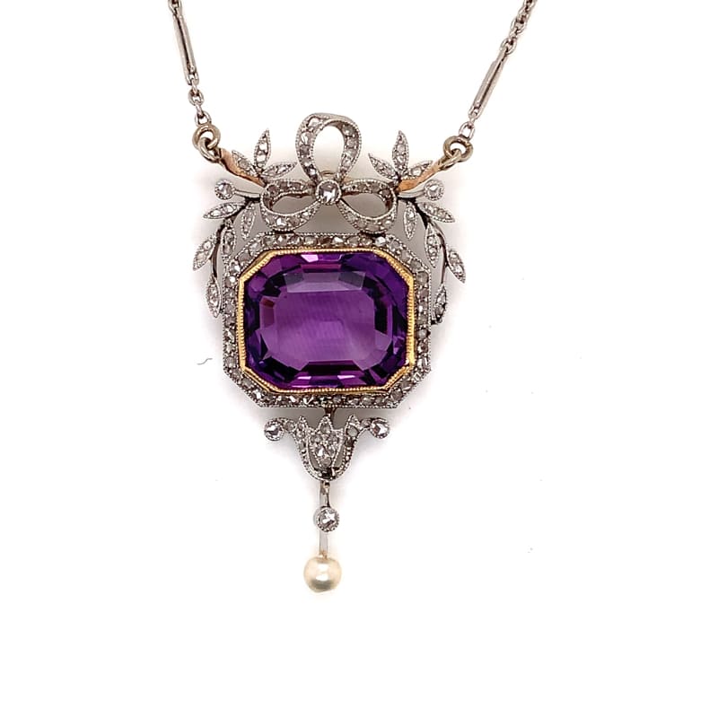 Edwardian platinum diamond and amethyst pendant necklace - 