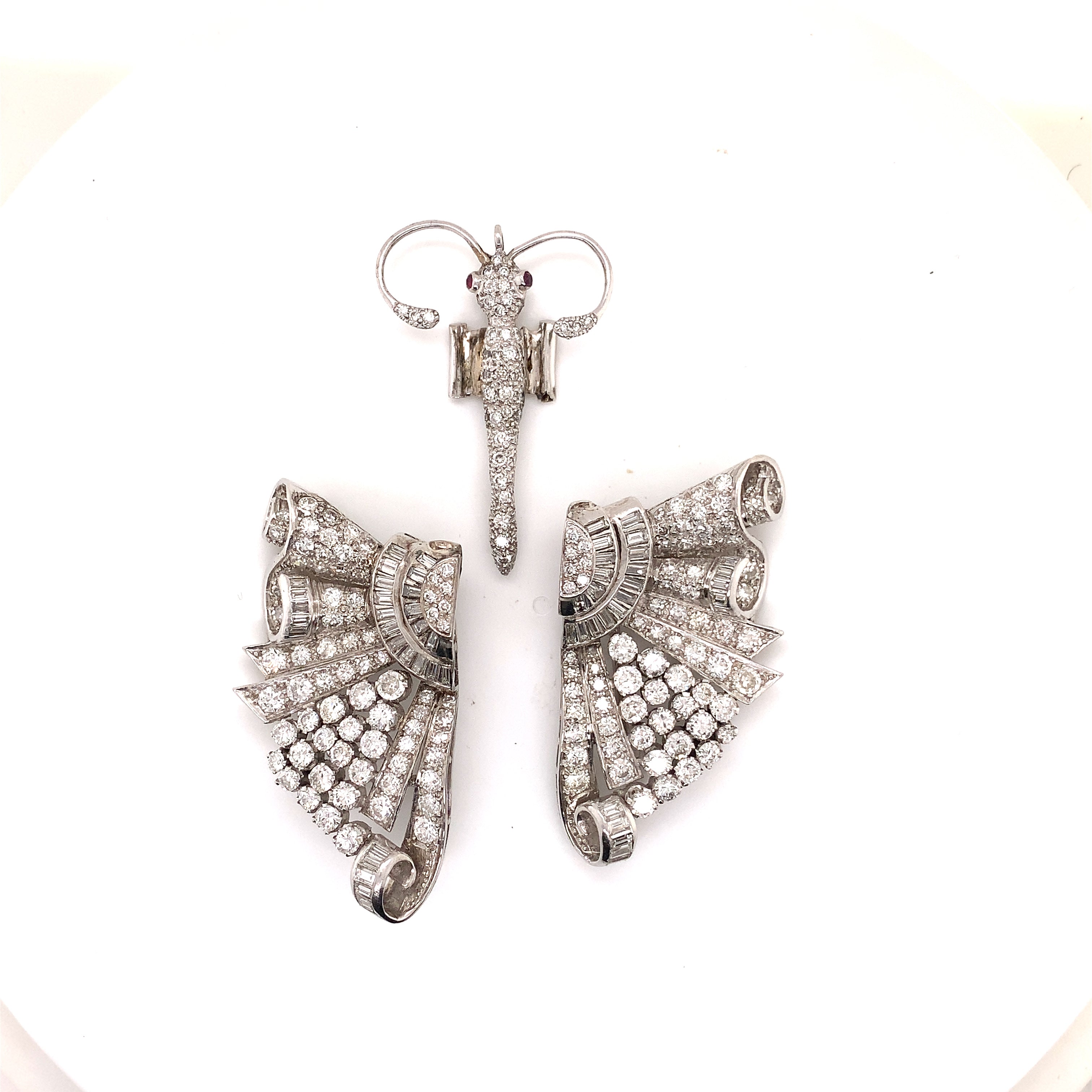 Platinum diamond butterfly double clips brooch