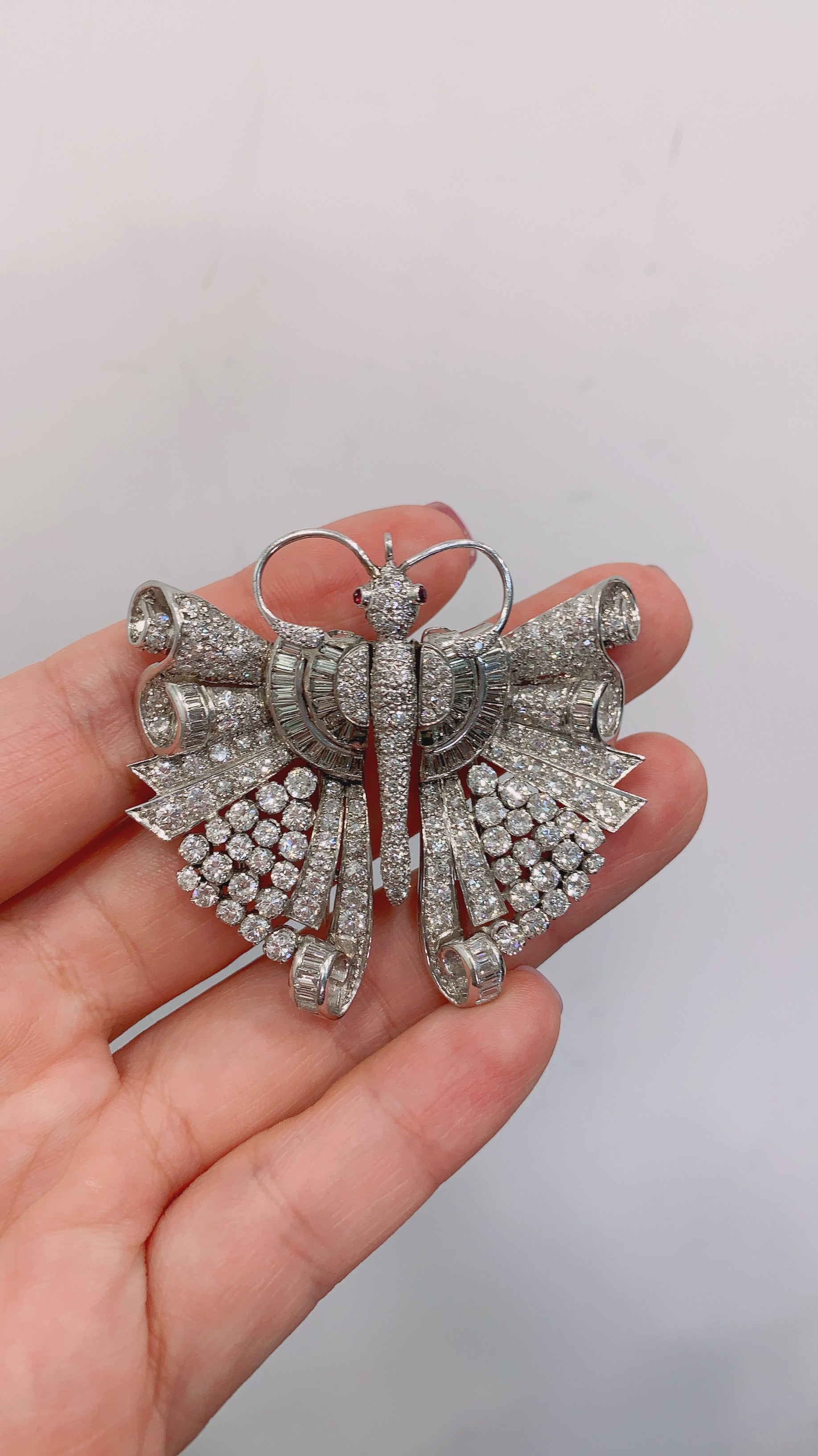 Platinum diamond butterfly double clips brooch