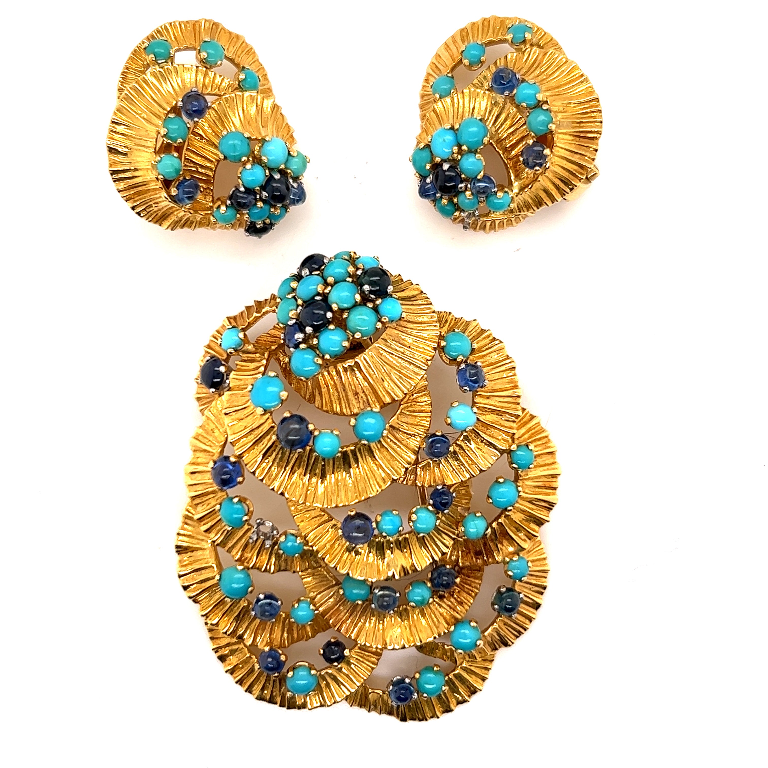 Kutchinsky, 18k Turquoise and sapphire brooch and earring 1962