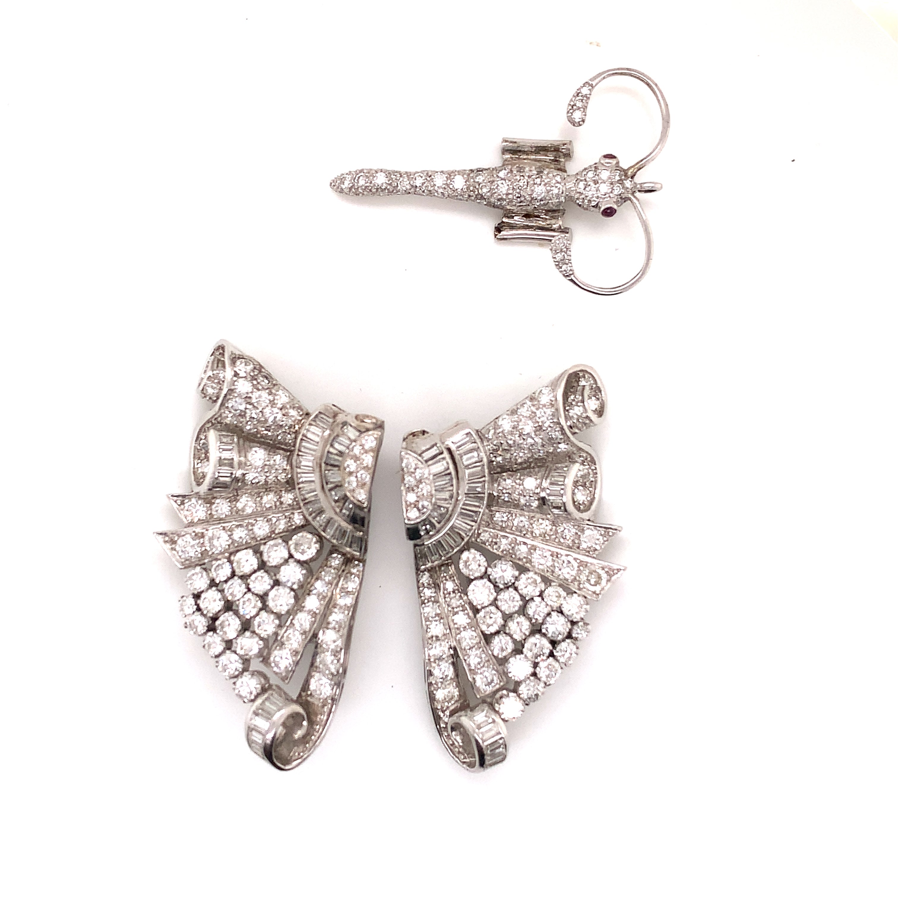 Platinum diamond butterfly double clips brooch