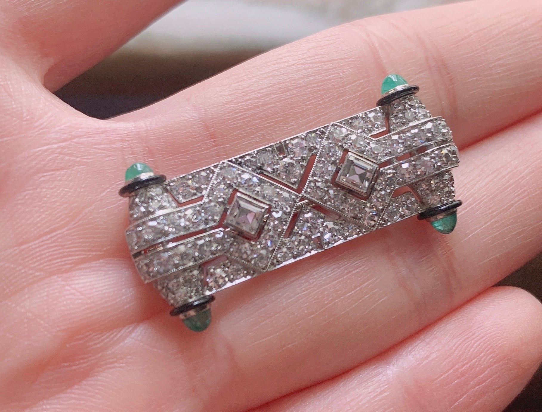 French Art Deco  diamond and emerald brooch